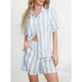 thumbnail image 4 of Women’s 2 Piece Pajamas Set Short Sleeve Stripes Print Button Up Shirt + Shorts Set Loungewear, 4 of 9