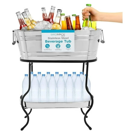 Stainless Steel Beverage Tub with Stand - Bottom Tray - Ice Bucket - Party Drink Holder - Wooden Handles - Outdoor or Indoor Use - Free Standing