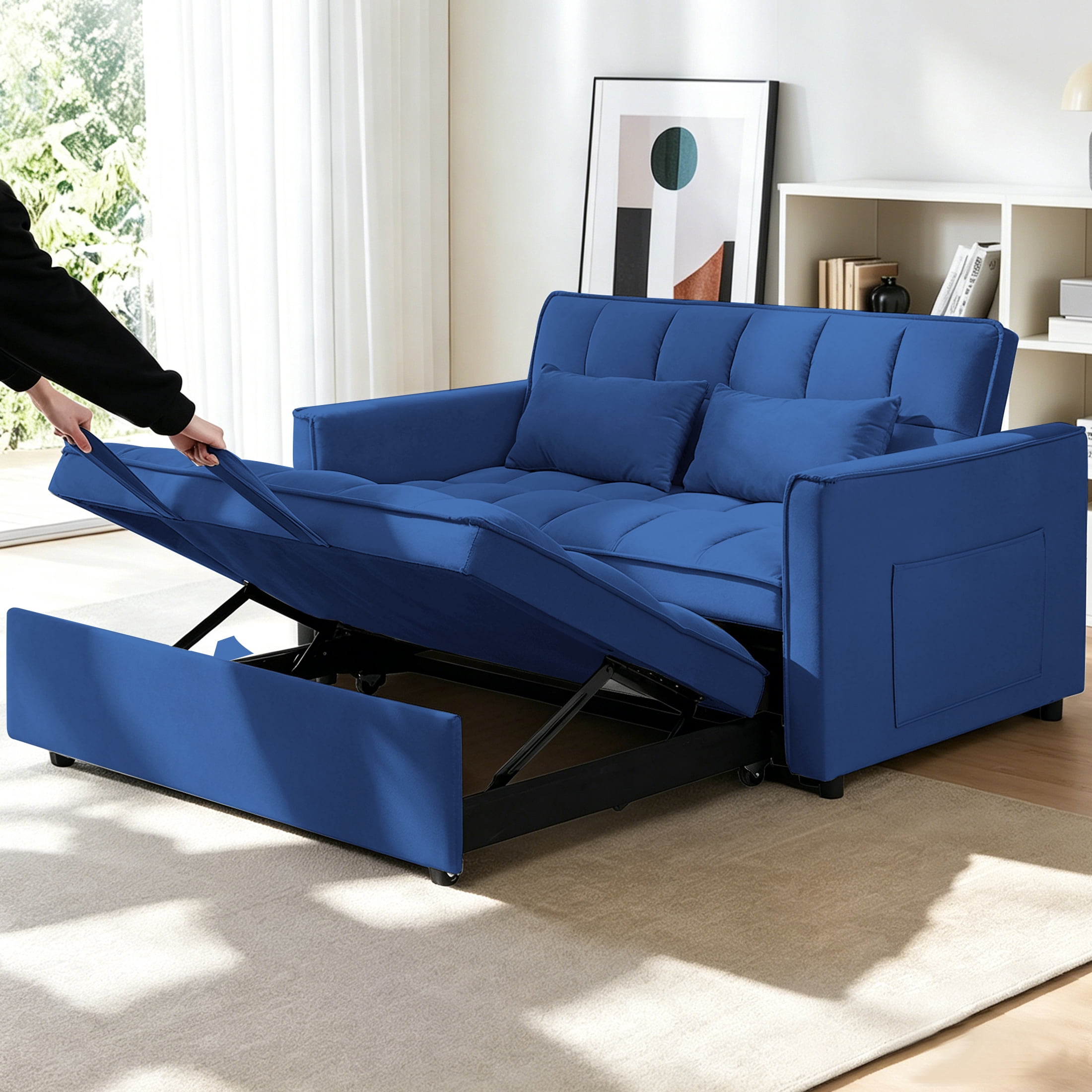 AISWORD Convertible Sofa Bed, 3 in 1 Pull Out Sleeper Loveseat Couch with Storage, Blue