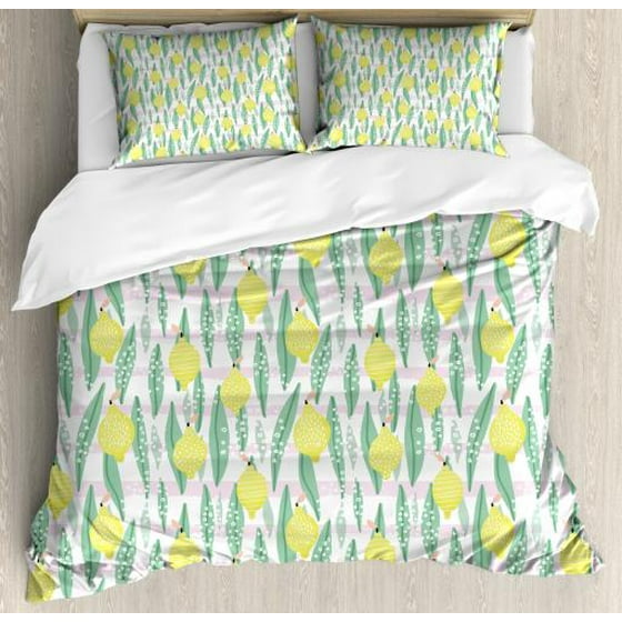 Lemons King Size Duvet Cover Set Vertically Aligned Lemon Leaves And Patterned Fruit On Pink Stripes Decorative 3 Piece Bedding With 2 Pillow