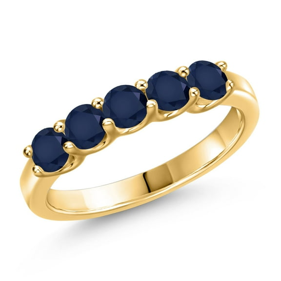Gem Stone King 18K Yellow Gold Plated Silver Blue Sapphire Wedding-Bands Ring for Women | 1.10 Cttw | Round 3.5MM | Gemstone September Birthstone | Size 5
