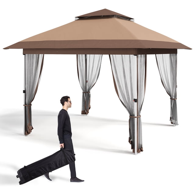 Abri de Jardin Extérieure Robuste à Déploiement Rapide avec Moustiquaire, Rideaux, Toit Ventilé à 2 Niveaux – Abri de Patio Rapide, Sac à Roulettes, Sacs de Sable et Piquets de Sol, pour Cour Arrière, Jardin, Pelouse, Fêtes