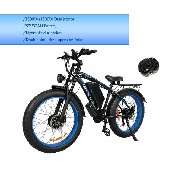 52V3000W Adult Electric Bike, Dual Motor Electric Bike with 32Ah Removable Battery and USB Port, Hydraulic Disc Brake, 26*4" Fat Tire Electric Bike for All Terrain