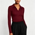 thumbnail image 4 of ClodeEU Women's Collared V Neck Ribbed Long Sleeve Sweater,Casual Slim Fit Knit Pullover Top Wine,Women's Plus XXL, 4 of 6