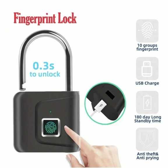 Smart Padlock Gym Lock, Mini Fingerprint Padlock Locker Lock, Fingerprints For Luggage School Bag Toolbox Gym Locker, Keyless Portable USB Charging Fingerprint Lock(Black)