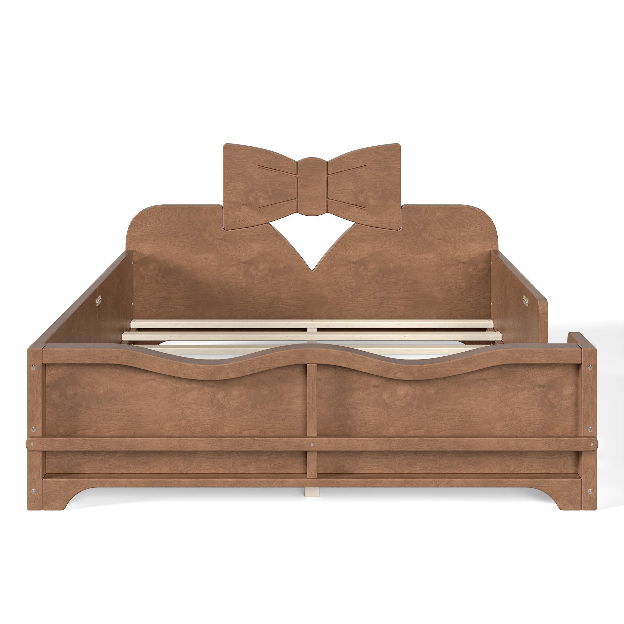 Full Size Kids Platform Bed 78 Inch, Bowknot Headboard with Surround Guardrails and Built In Bookshelf, No Box Spring Needed, Deep Natural