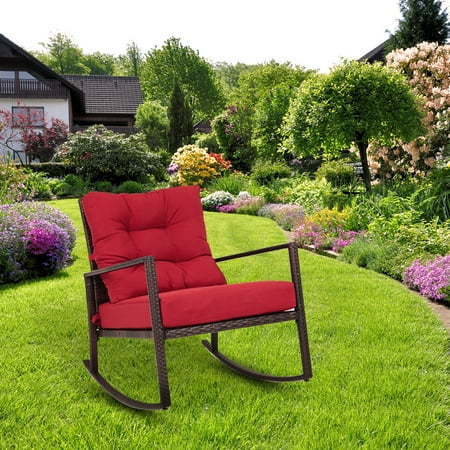 Kinbor Rattan Rocker Chair Outdoor Garden Rocking Wicker Lounge W Red Cushion