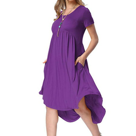 Women's Scoop Neck Pockets High Low Pleated Loose Swing Casual Midi