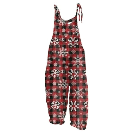 

Festive Red Plaid Christmas Overalls with Snowflake Print Holiday Themed Comfortable Jumpsuit for Men and Women