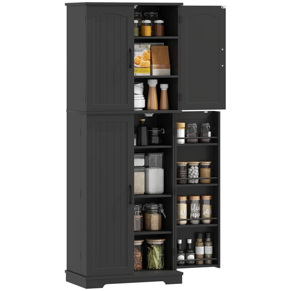 Tall Black Pantry Cabinet - 64" Kitchen Storage with Adjustable Shelves & Spice Racks for Dining Room, Laundry, Farmhouse Style Cabinet