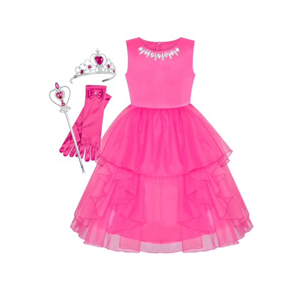 Flower Girls Dress Hot Pink Wedding Pageant Magic Wand Tiara 7 Years