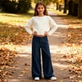 thumbnail image 2 of CPNG Girls' Corduroy Wide Leg Pants High Waisted Button Front Zipper Loose Wide Leg Casual Sweat Pants with Side Pockets(Dark Blue,11-12 Years), 2 of 9