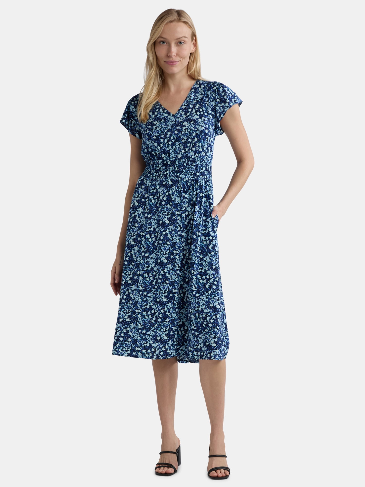 Time and Tru Women's and Women's Plus Smocked Waist Midi Dress with Short Sleeves, Sizes XS-4X