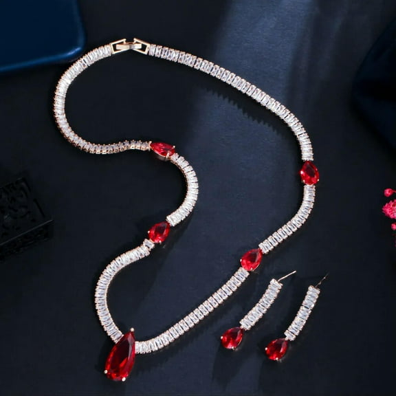 Baguette Necklace Earrings Drop CZ Women Yellow Gold Plated Costume Jewelry Set