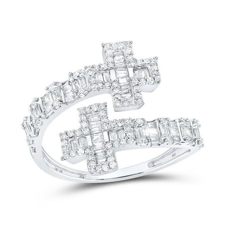 10K White Gold Real Baguette Diamond Women's Bypass Cross Cuff Band Ring 3/4 CT