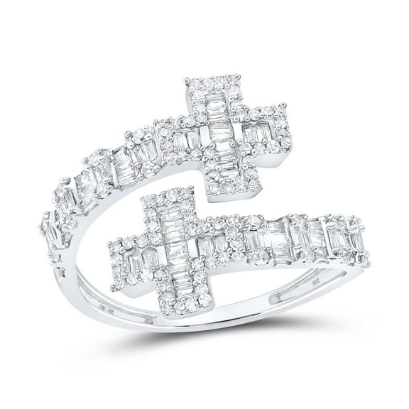 10K White Gold Real Baguette Diamond Women's Bypass Cross Cuff Band Ring 3/4 CT