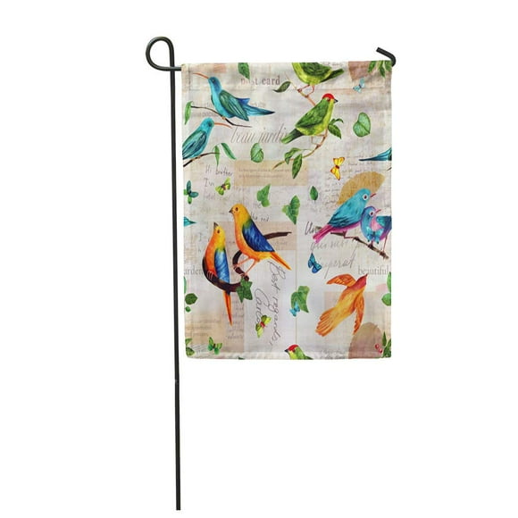 POGLIP Vibrant Teal Blue and Golden Yellow Watercolor Birds in Victorian Garden Flag Decorative Flag House Banner 12x18 inch
