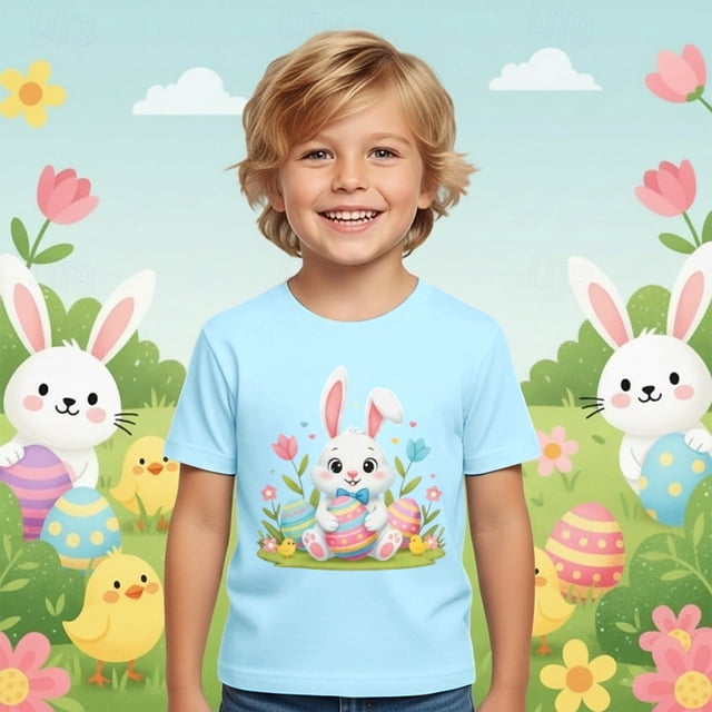 T-Shirt Graphique à Manches Courtes pour Garçons, Doux et Décontracté, Imprimé Coloré pour Pâques
