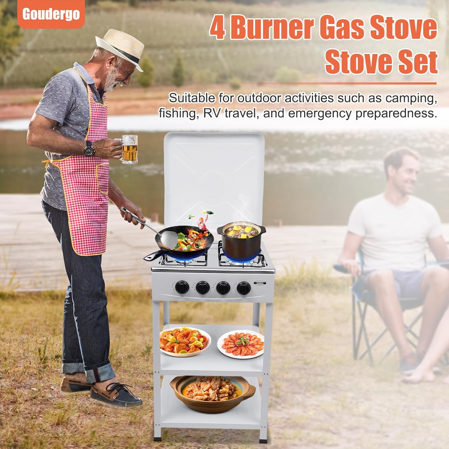 4 Burner Gas Stove Portable Stove Set with Support Leg Stand, Manual Ignition Camping Stove, Camping Cookware Set for Apartment, Outdoor Cooking Camping (Without connecting hose)