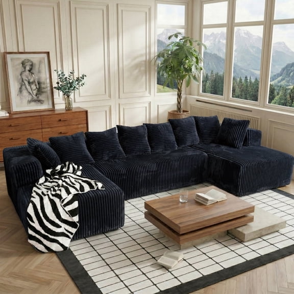 SOULART 130" Black U L-Shaped Modular Sectional Couch, U-Shaped Sofa with Chaise Lounge, Striped Corduroy Upholstered 4-Seater Sofa with Pillow Back and Square Arms