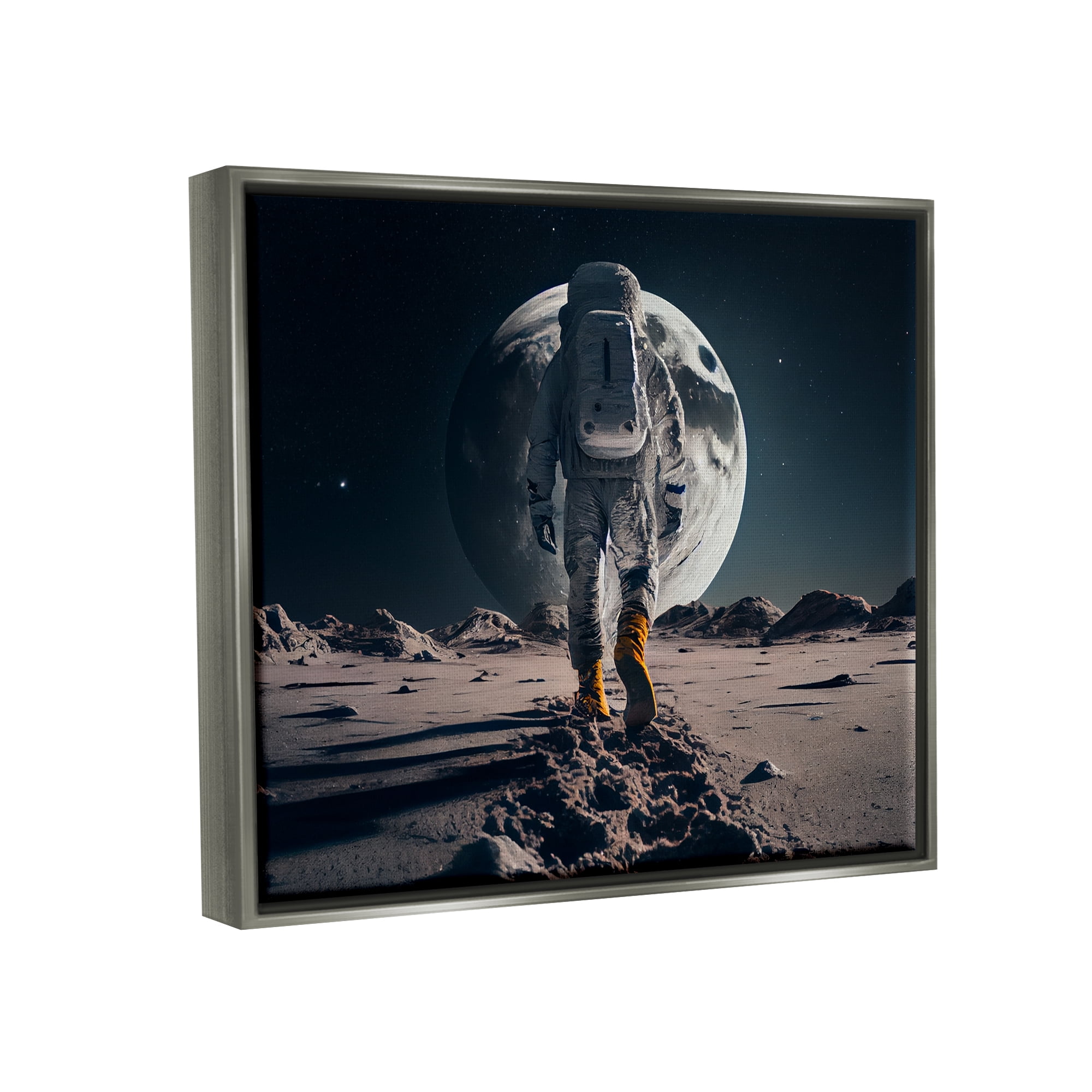 Stupell Industries Man On Moon Outer Space Astronaut Fairy Tales & Fantasy Painting Gray Floater Framed Art Print Wall Art