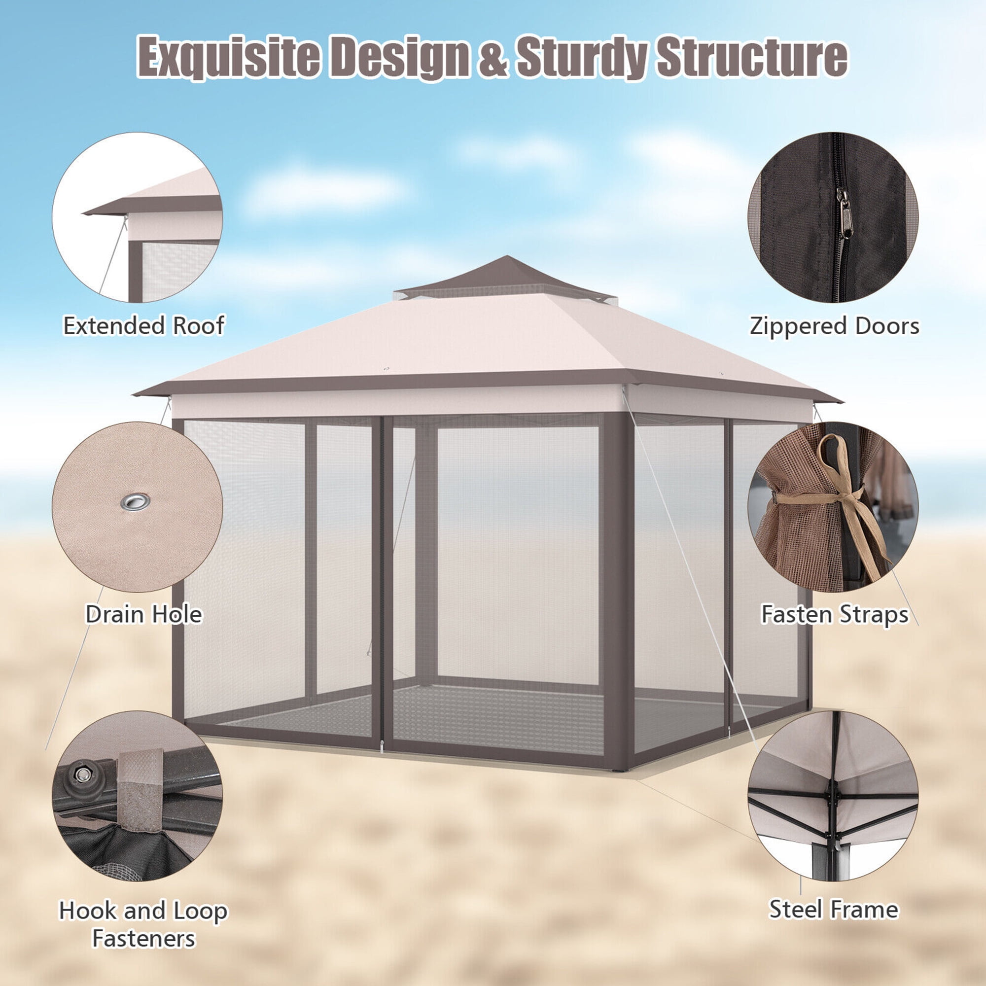 Gymax 11 x 11 ft Pop up Gazebo 2-Tier Patio Canopy Tent Shelter w/ Carrying Bag Beige