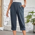 thumbnail image 2 of HAPIMO Capri Cotton Linen Pants Pocket for Women Trendy Clothes Solid Color Leisure Relaxed Workout Elastic Waist Retro Trousers Navy M, 2 of 9
