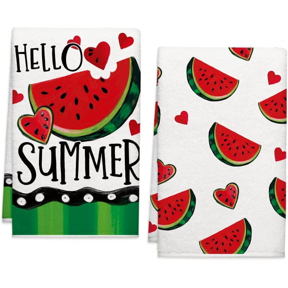 Hello Summer Watermelon Kitchen Towels, Spring Stripe Dish Towels Set of 2, Spring Cute Red Hearts Fruit 18 x 26 Inch Hand Towel Quick Drying Dishcloth Decor for Kitchen Bathroom Home