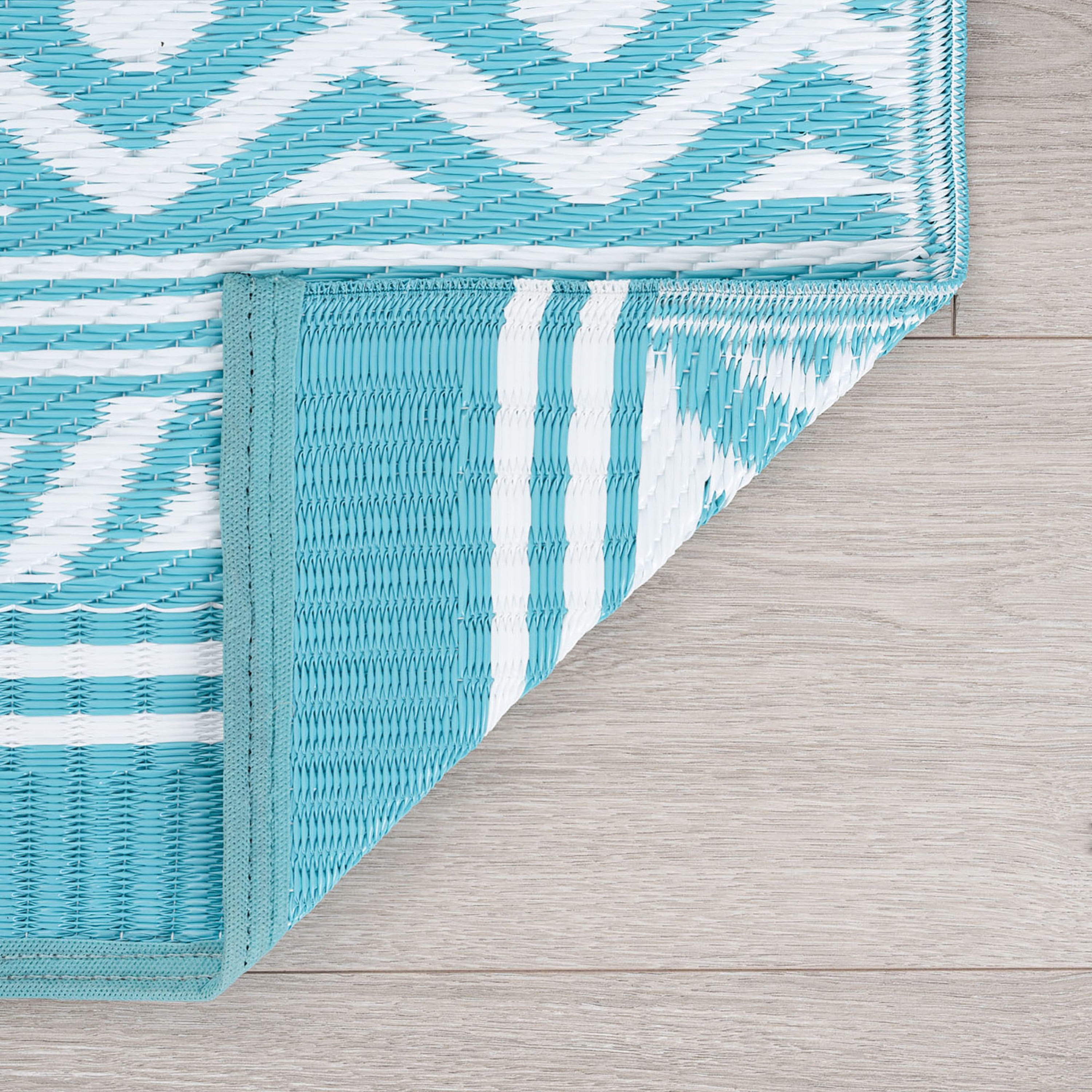9x12 Reversible Aqua and White Polypropylene Outdoor Stripe Area Rug