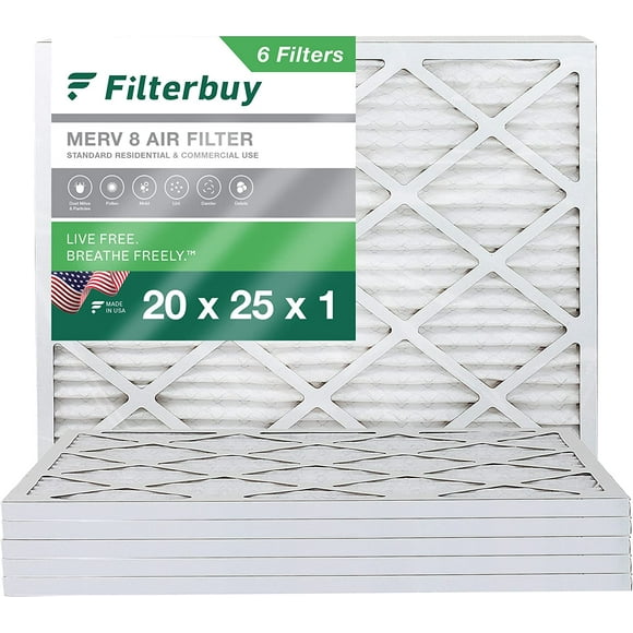 Filterbuy 20x25x1 MERV 8 Filtres à Air Plissés HVAC AC (6-Pack)