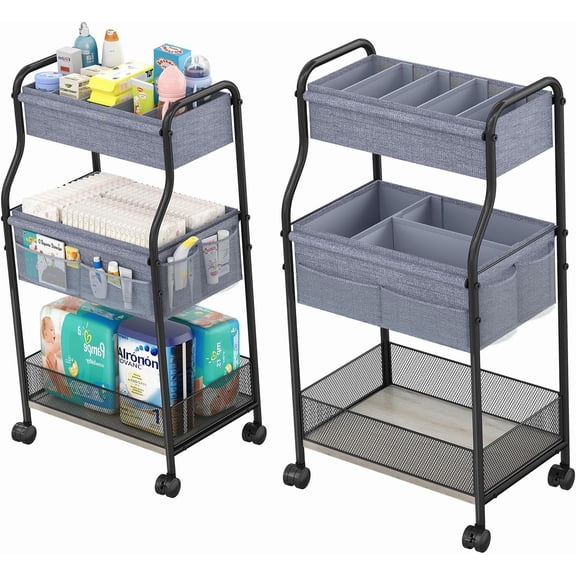 X-COSRACK 3-Tier Rolling Baby Diaper Organizer Cart, Metal Nursery Utility Cart with Wheels & Removable Dividers, Multi-Purpose Storage for Bathroom & Kitchen