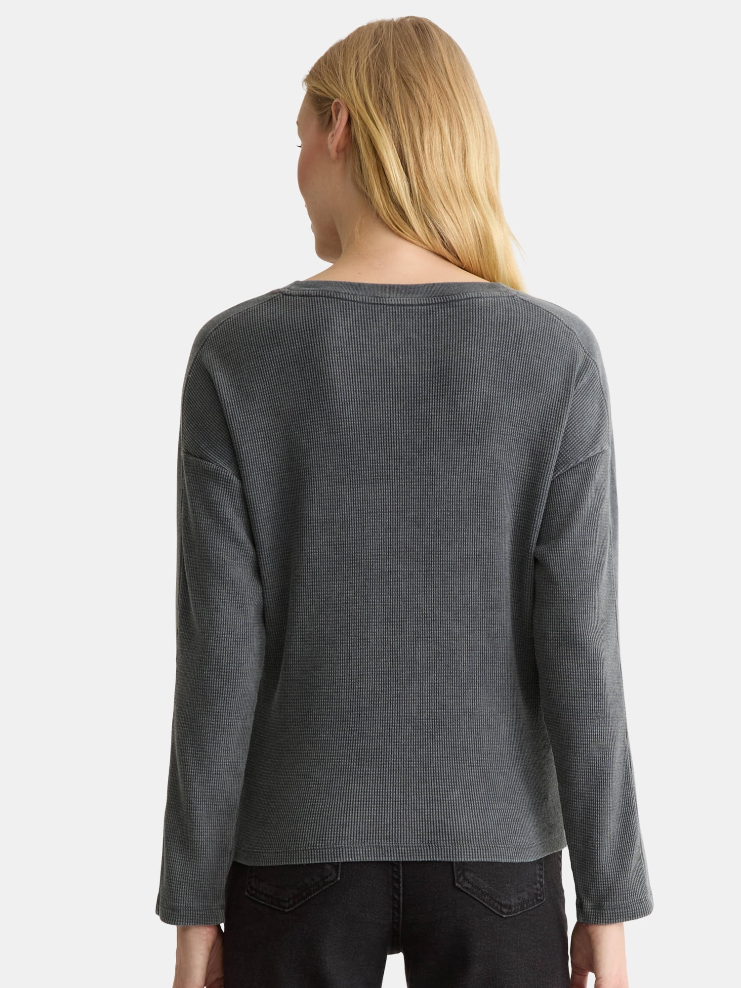 Time and Tru Women's Boxy Thermal Tee with Long Sleeves, Sizes XS-XXXL