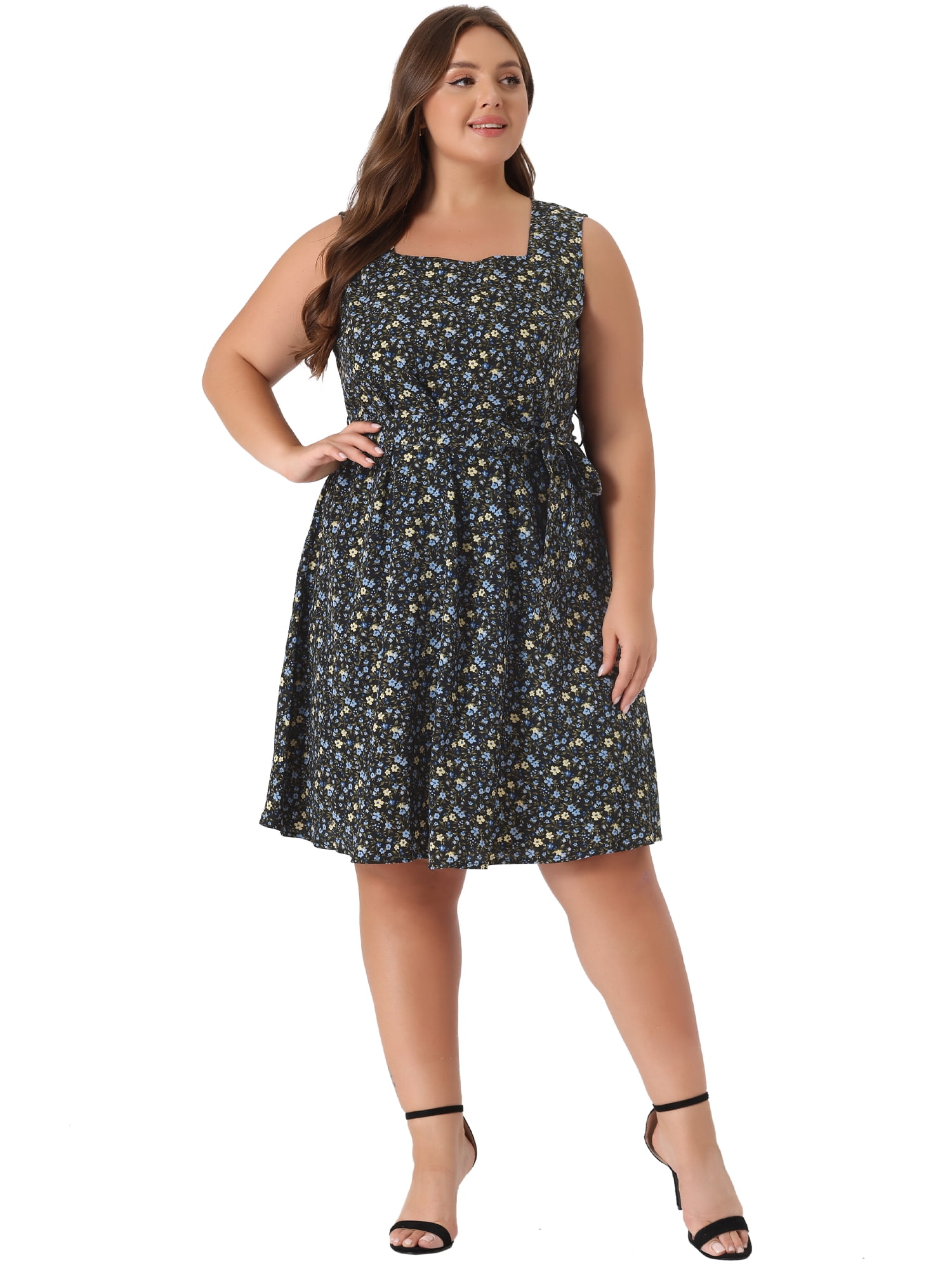 DARING DIVA Plus Self Tie Waist Sleeveless Floral Midi Dress 4X Black