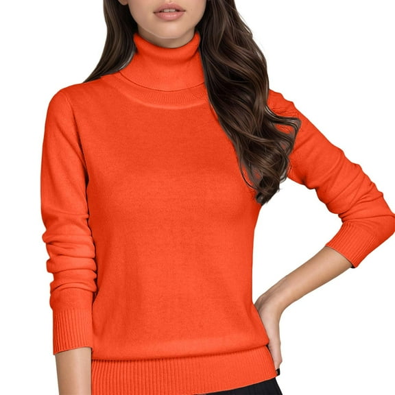 DuoJiaJ Sweaters for Women Pullover Turtleneck Knit Tops Solid Color Long Sleeve Sweater Orange L
