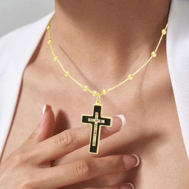Collar clásico con forma de cruz colorida y pintado con gotas, colgante de azorita único, cadena de clavícula de cobre bañada en oro para pareja unisex.