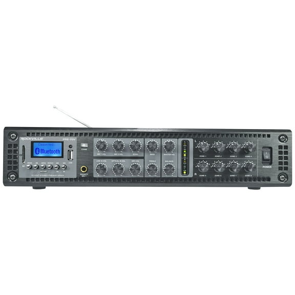 Rockville PRE-70V 70V Stereo Preamp Mixer with 8 Zones, Bluetooth/Optical/Mic In