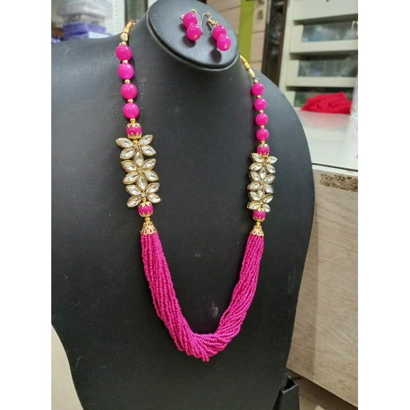 Traditional Pink Beaded Kundan Necklace Set with Earrings – Indian Ethnic Jewelry for Women