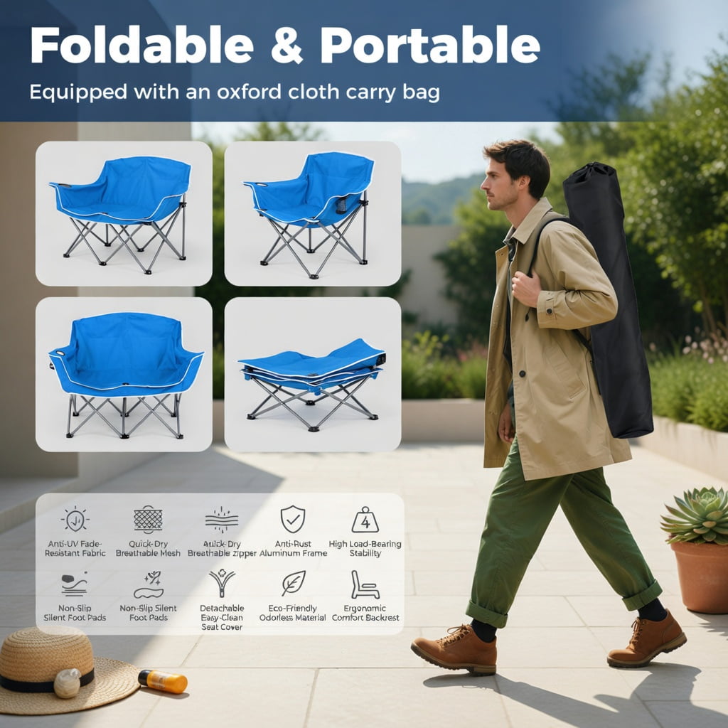 Hommoo Duo Portable Oversized Camping Loveseat Chair with Armrests, Dual Mesh Cup Holders & Heavy-Duty Steel Frame, Blue