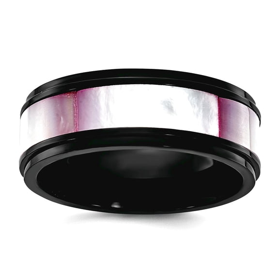 Titanium Black Ip Plated Pink Simulated Mother of Pearl Inlay 8mm Band Size 10.5 Ring for Women and Men