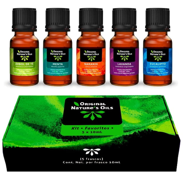 Kit de 5 aceites Esenciales para difusor y Aromaterapia Lavanda, Árbol de Té, Eucalipto, Naranja, Menta 5 x10 mL BIENAT AROMATERAPIA ORIGINAL NATURE'S OILS Kit de 5 aceites