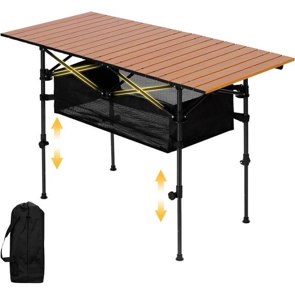Portable Folding Camping Table, 4-6 Person Aluminum Outdoor Picnic Table with Storage Carry Bag, Adjustable Height Lightweight Camp Table for Beach, Picnic, BBQ and Indoor Use