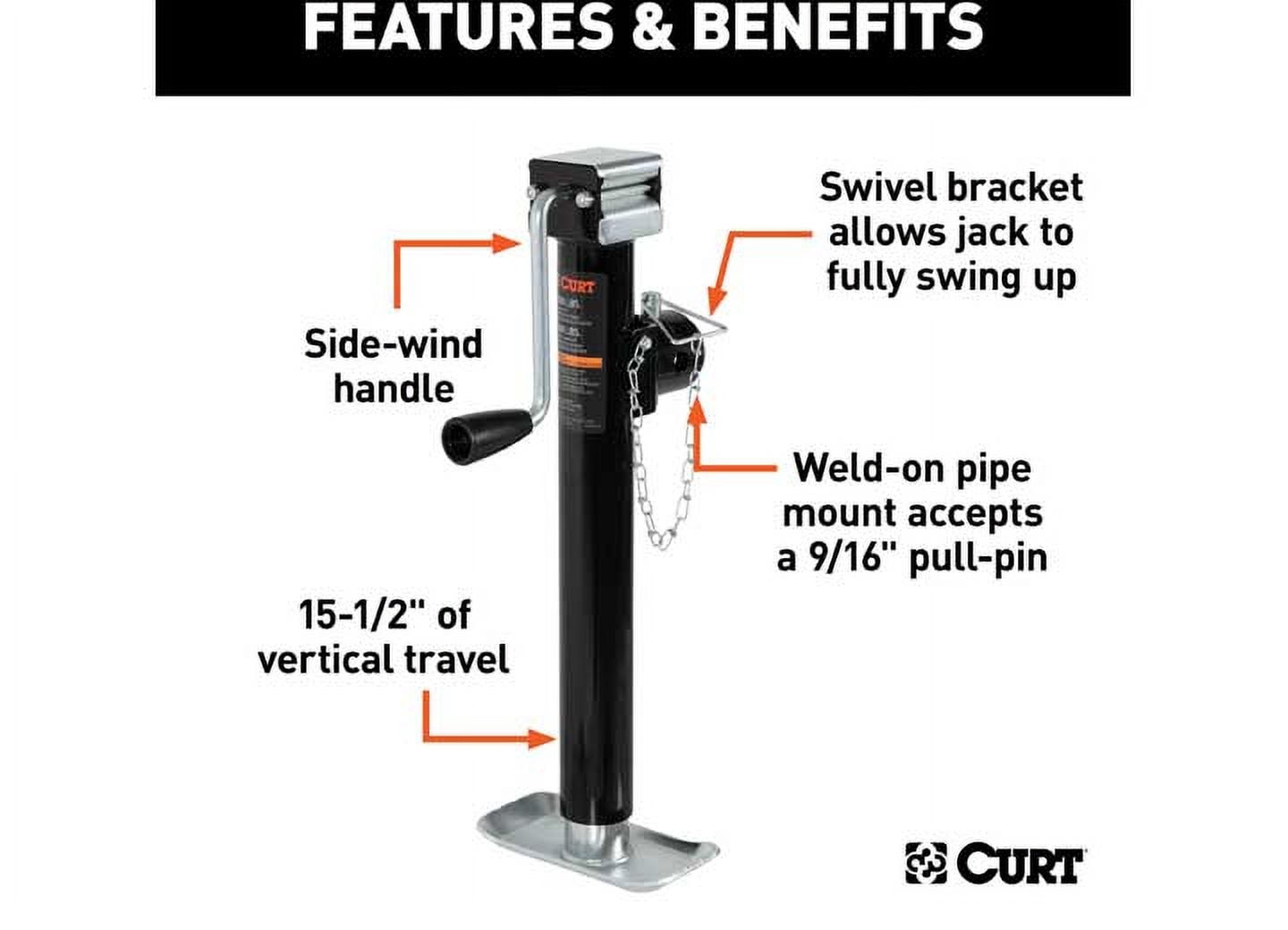 Curt 25005 Pipe-Mount Swivel Trailer Jack w/Side Handle 5,000lb 15" Travel