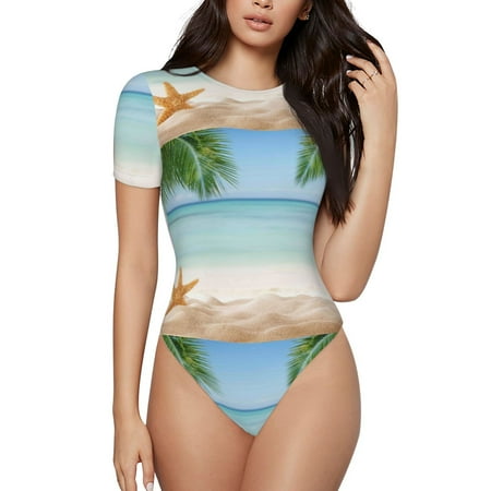 Easygdp Starfish in Beach Women s One-Piece Swimsuit Slim Fit Crew Neck Bodysuit Athletic Swimwear with Concealed Buckle - Large