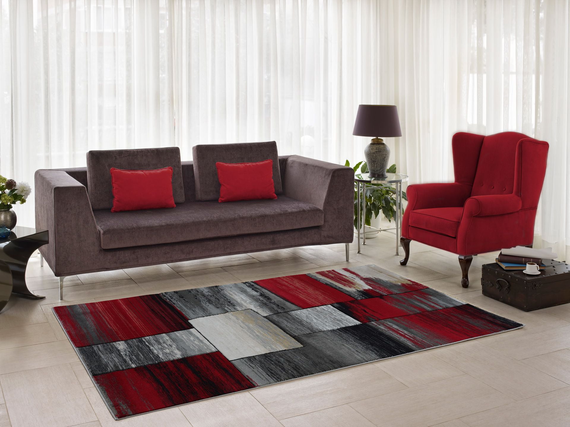 Ladole Rugs Copper Currant Red Grey Contemporary Geometric Design