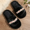 thumbnail image 4 of Viluyesy Womens Floral Fuzzy Slippers, Plush Soft Sole Open Toe House Warm Slip-On Trendy Indoor Slippers Black, 4 of 9