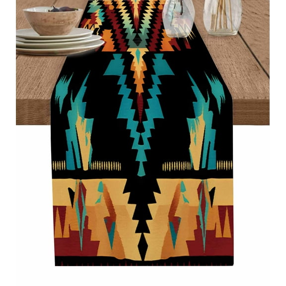 Colorful Aztec Table Runner-Cotton Linen- 36 Inch Holiday Dresser Scarves, Southwestern Boho Mexican Tribal Ethnic Tablerunner for Kitchen Coffee/Dining Bedroom Living Room Dinner Scarf Décor 13x36