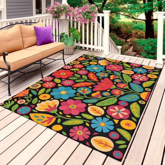 Boho Flower Outdoor Rug for Patio/Deck/Porch, Non-Slip Large Area Rug 5 x 8 Ft, Red Blue Yellow Colorful Mexico Tribal Indoor Outdoor Rugs Washable Area Rugs, Reversible Camping Rug Carpet Runner