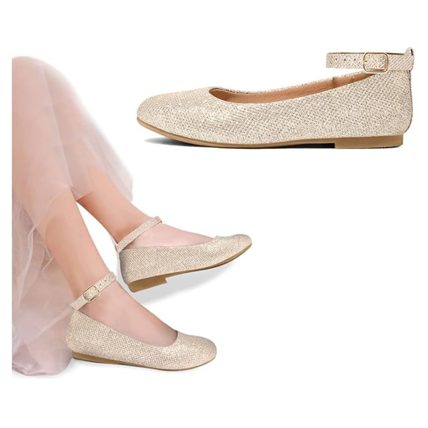 Frank Mully Women's Pointed Toe Knit Ballet Flats - Slip-On Comfort Shoes, Low Wedge, Grey