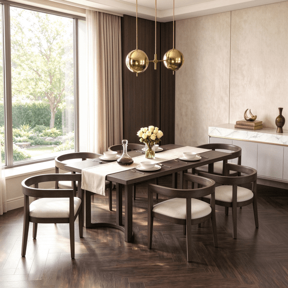 EHANCIS 7‑Piece Dining Table Set for 6, Rectangular Kitchen Table with 6 Upholstered Barrel‑Back Chairs, Curved Back & Padded Seats, Wood‑Grain Top, for Dining Room