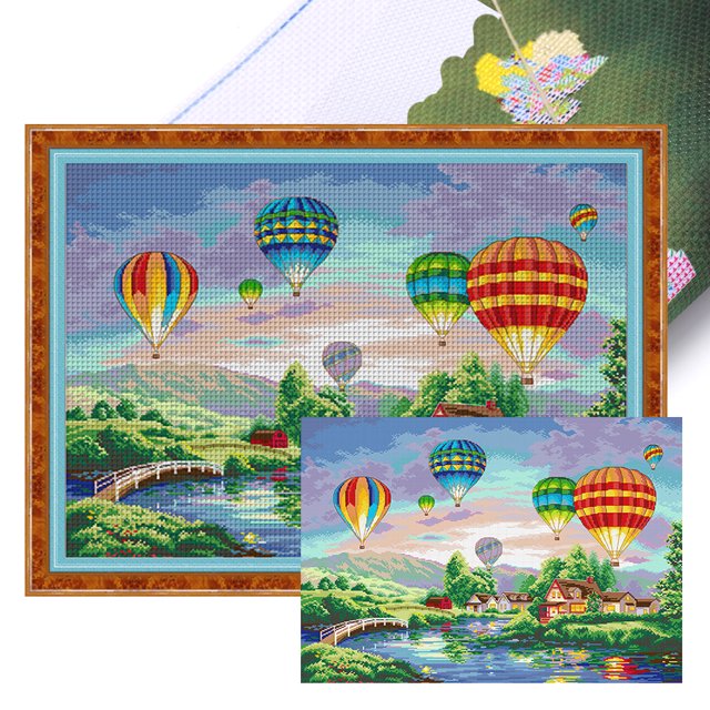 Punto Cruz Paseo en Globo Aerostático Con Algodón Ecológico 11CT Bordado 75x60cm